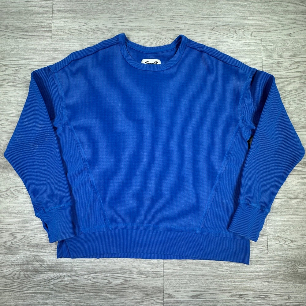Seven7 Womens Top Waffle Knit Thermal Crewneck Blue Medium Long Sleeve Side Slit